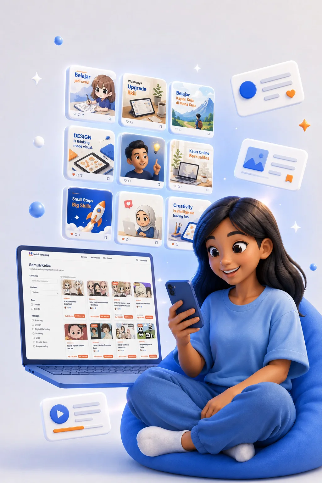 Render karakter 3D seorang perempuan muda duduk santai sambil melihat ponsel, dikelilingi kartu-kartu desain melayang dan sebuah laptop
